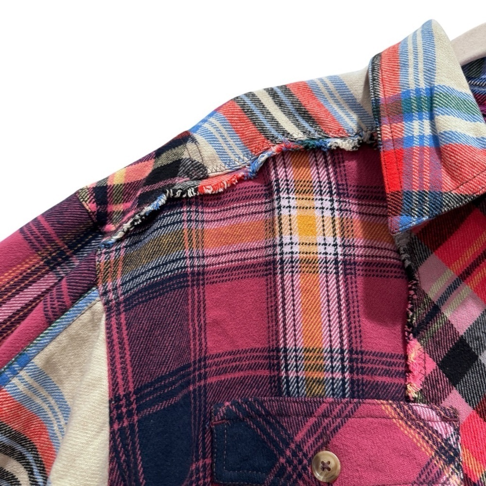 Free People We the Free Patched Up Plaid Cotton Shirt Oversized Grunge Pink XS - Picture 9 of 16